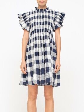 Sea New York Morgan Smocked Navy and White Check Ruffle Sleeve Dress | L